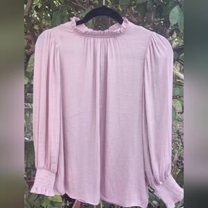 Elegant Light Pink Women's Blouse with Ruffled Neckline